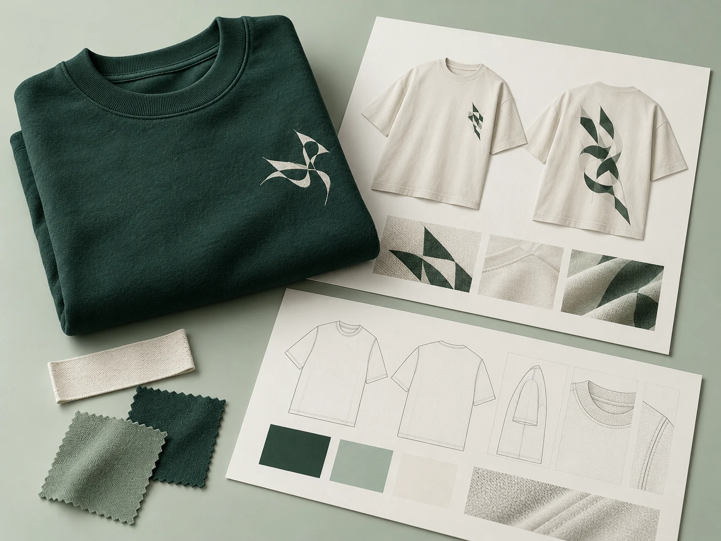 Illustrative forest-green apparel concept with printed garment mockups, construction sketches and sage fabric samples